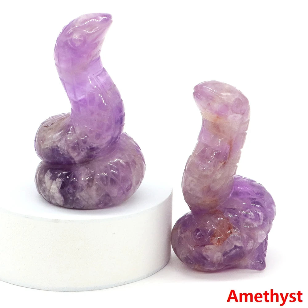 2" Snake Statue Natural Stone Healing Amethyst Rose Quartz Carved Healing Animal Figurine Reiki Crystal Crafts Home Decoration