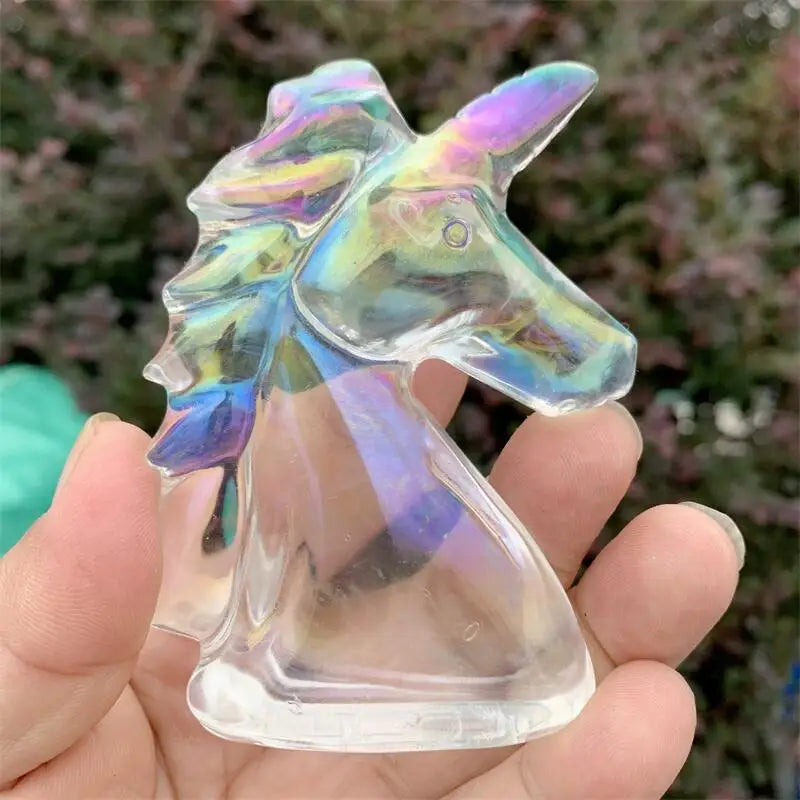 7CM Natural Aura Quartz Unicorn Carving Statue Reiki Figurine Gemstone Animals Chakra Healing Product Gift 1pcs