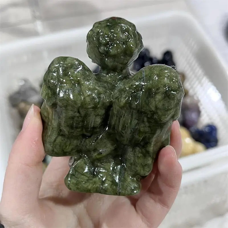 Natural Green jade Ophiolite angel Carving Statue Healing Fengshui Sculpture For Decoration Holiday Gift 1pcs