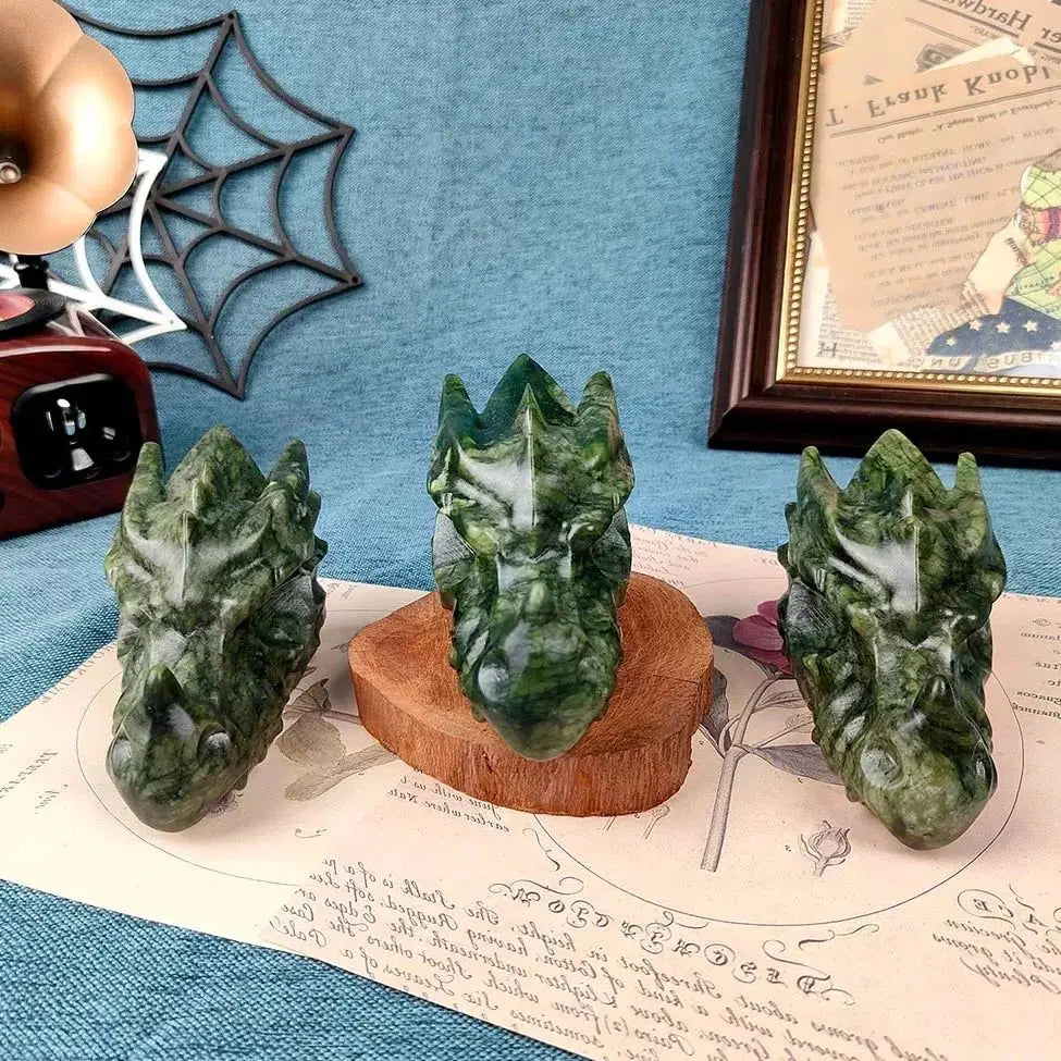 Natural Green Jade Skulls Crystal Dragon Skull Head Sculpture Reiki Stone Ornament For Collection Home Decor Gifts 1pc