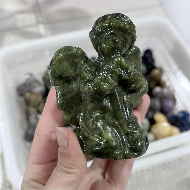 Natural Green jade Ophiolite angel Carving Statue Healing Fengshui Sculpture For Decoration Holiday Gift 1pcs
