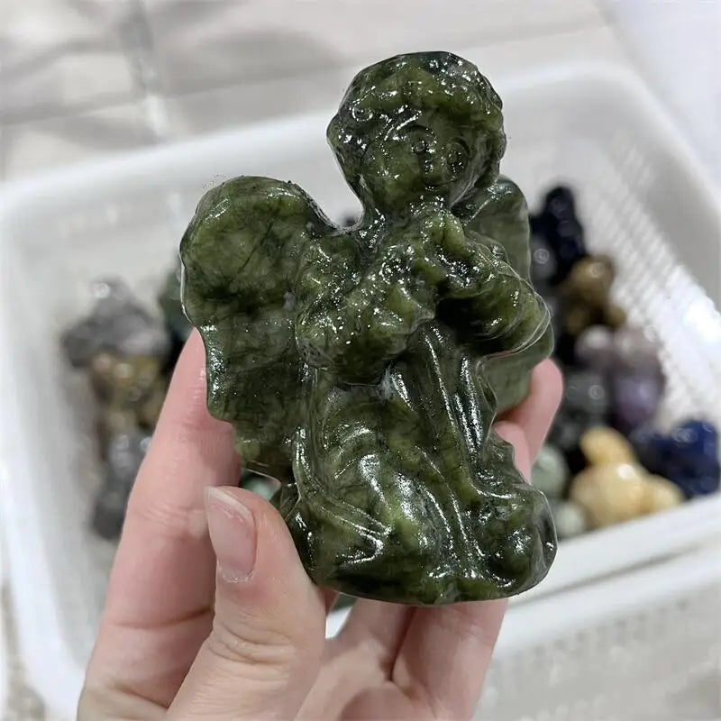 Natural Green jade Ophiolite angel Carving Statue Healing Fengshui Sculpture For Decoration Holiday Gift 1pcs