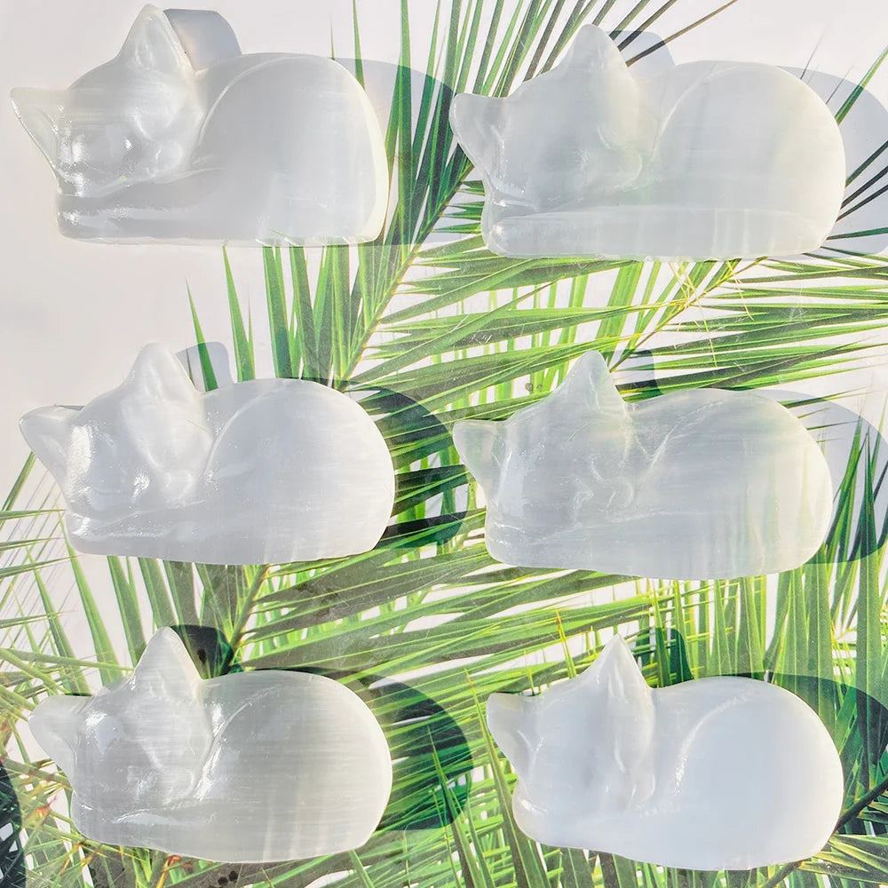 1pc Selenite Sleeping Cat Carving - Serene Crystal Animal Figurine with Polished Surface, Perfect for Home Decor, Weddings, Birt