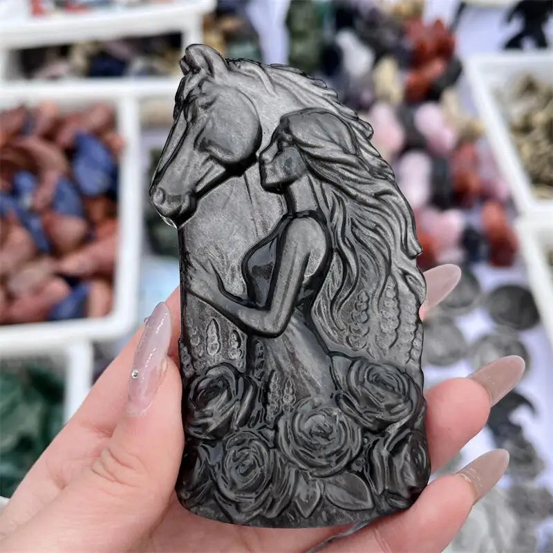 Natural Silver Obsidian Horse And Beautiful Woman Statue Carving Healing Fengshui Stone Reiki Home Decoration Holiday Gift 1PCS