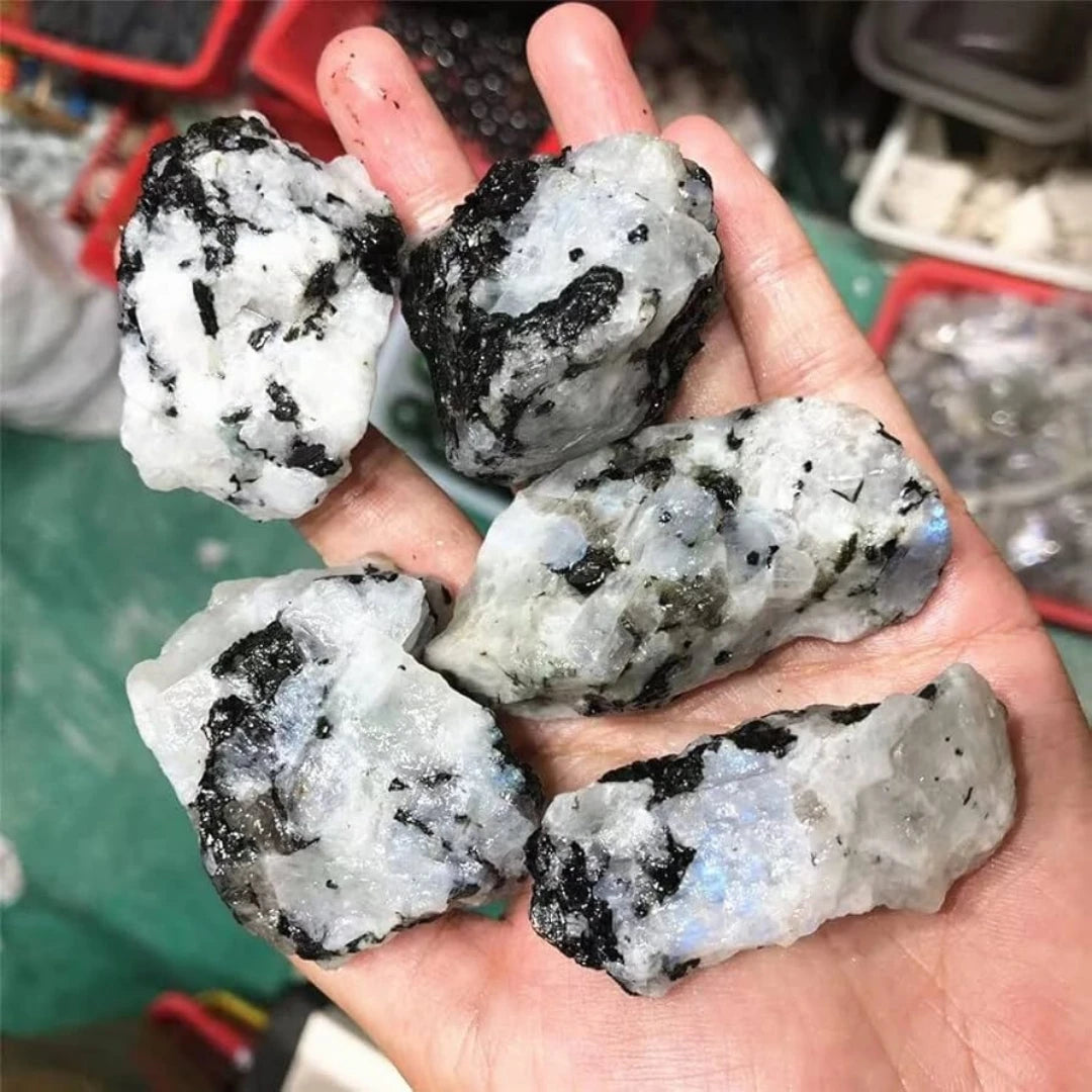 40g/120g/240g Natural Rainbow Moonstone Rough Stone Mineral, Black and White Stone, Fish Tank Garden Bonsai Home Decoration Gift