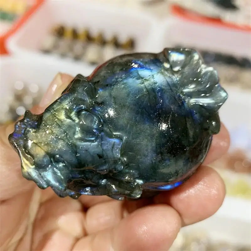 Natural Labradorite Pixiu Carving Memnon Megalith Powerful Statue For Home Room Decoration Gift 1PCS