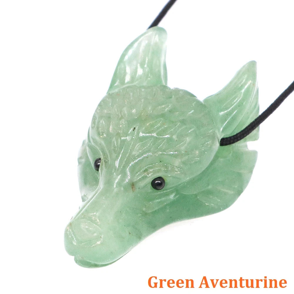 1.5" Wolf Head Stone Pendant Natural Healing Crystals Hand Carved Wolves Animal Statue Figurine Gems for Jewelry Making Necklace