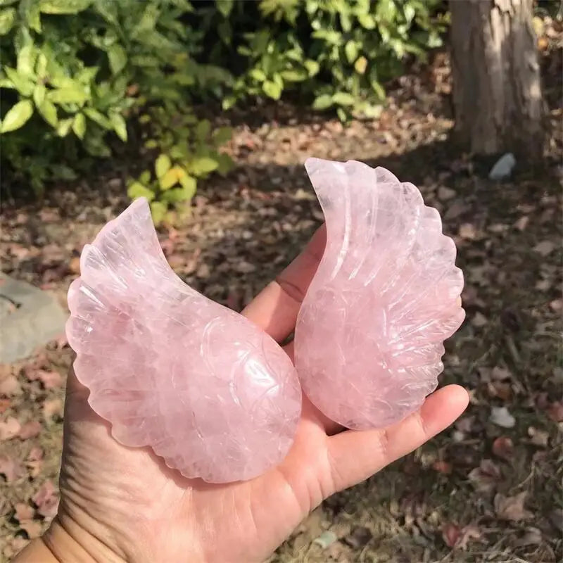 Natural Rose Quarz Angel Wing Carving Polished Quartz Healing Stones Gemstones For Home DIY Decoration A SET