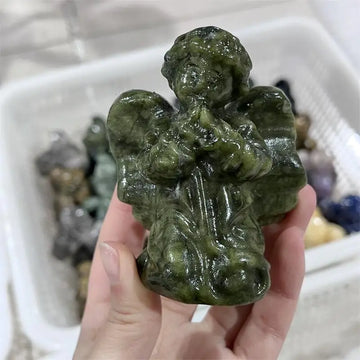 Natural Green jade Ophiolite angel Carving Statue Healing Fengshui Sculpture For Decoration Holiday Gift 1pcs