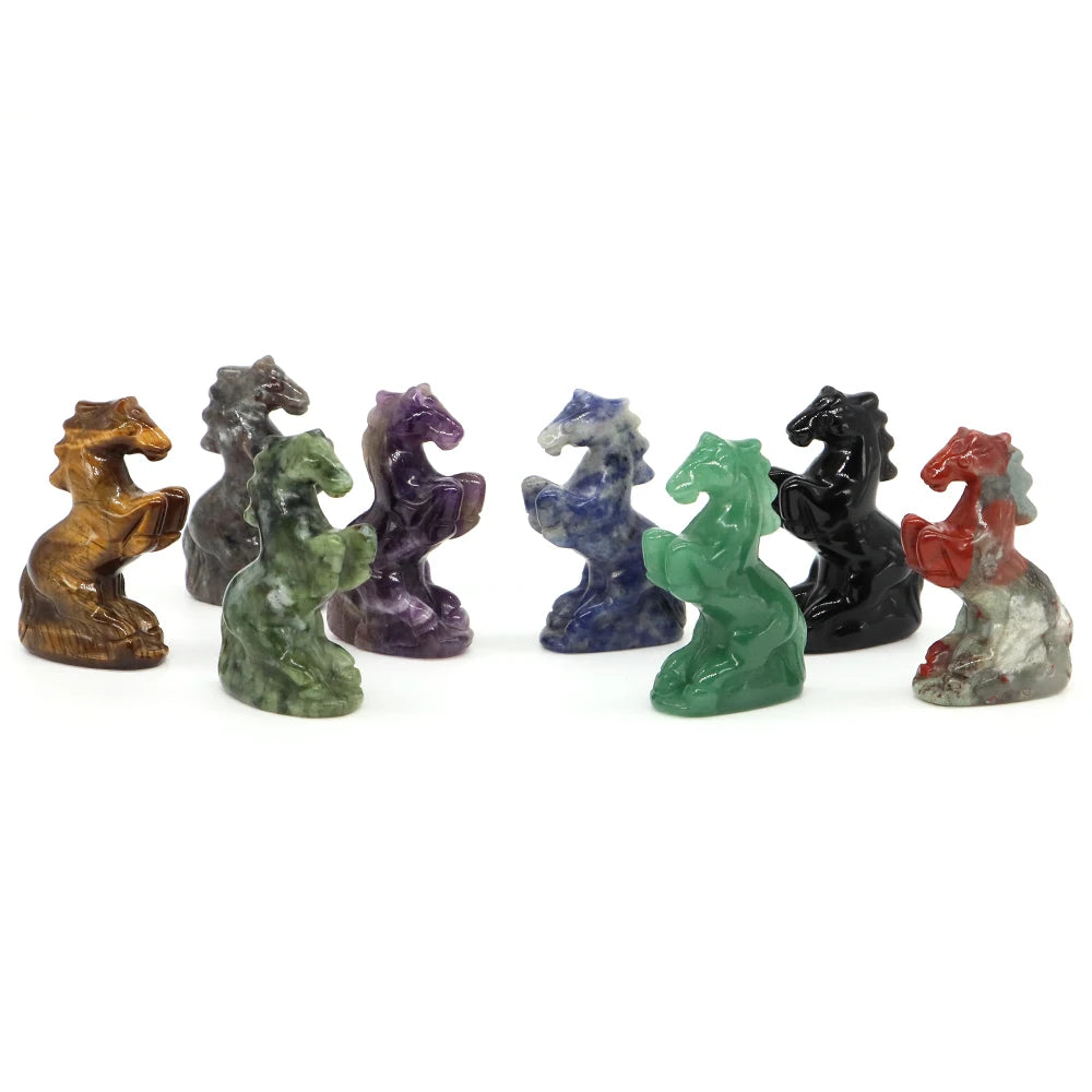 49mm Horse Statue Natural Reiki Healing Stones Amethyst Rose Quartz Carved Crystal Feng Shui Figurine Halloween Home Decor Gifts
