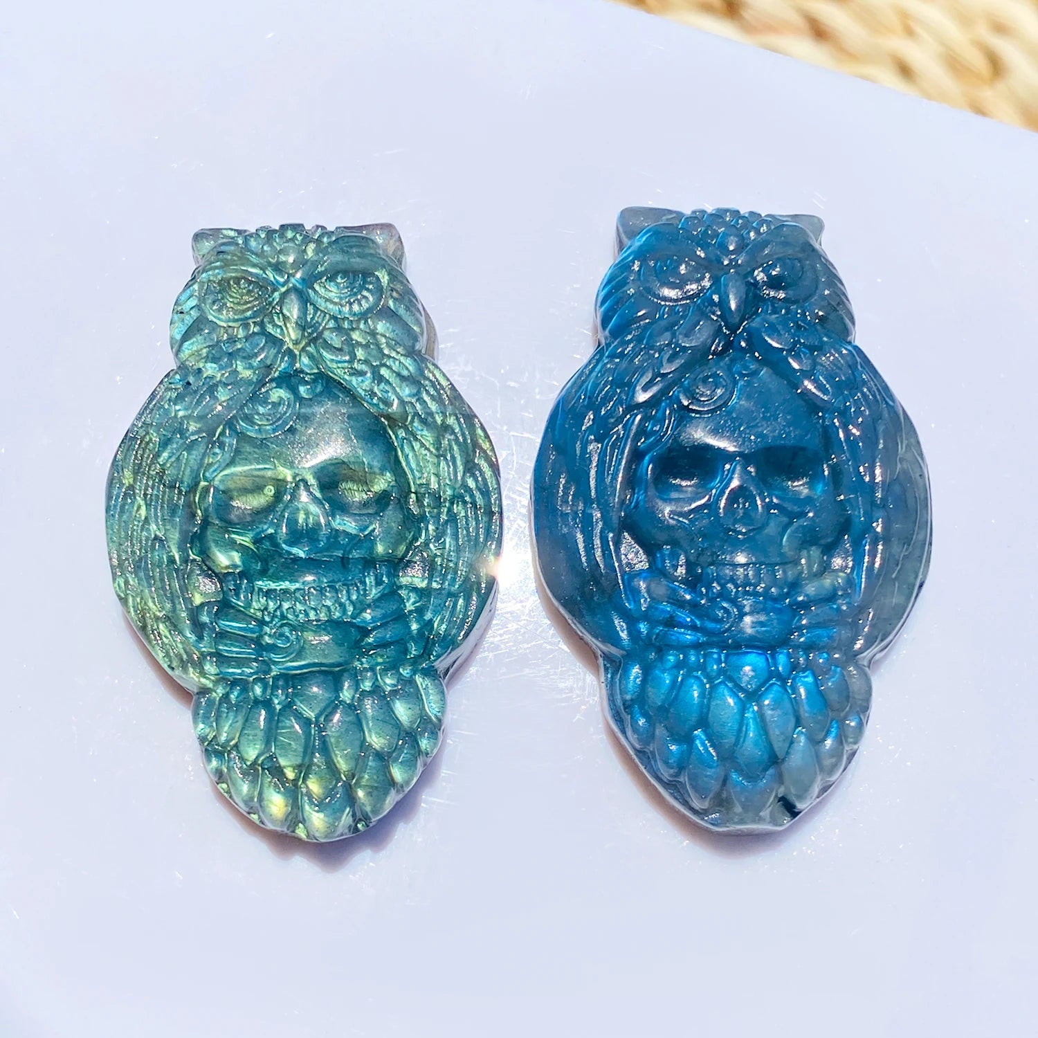 1pc Natural Crystal Labradorite Owl Skull Carving - Polished & Handcrafted, Blue & Golden Iridescent Finish, Unique Home Desktop