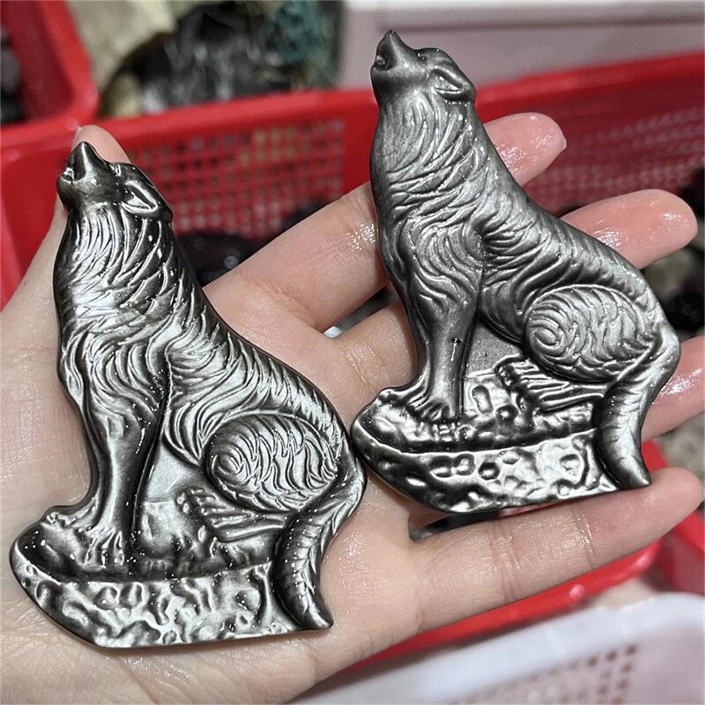 Natural silver obsidian wolf animal quartz Carving Statue Healing Fengshui Sculpture For Decoration Holiday Gift 1pcs