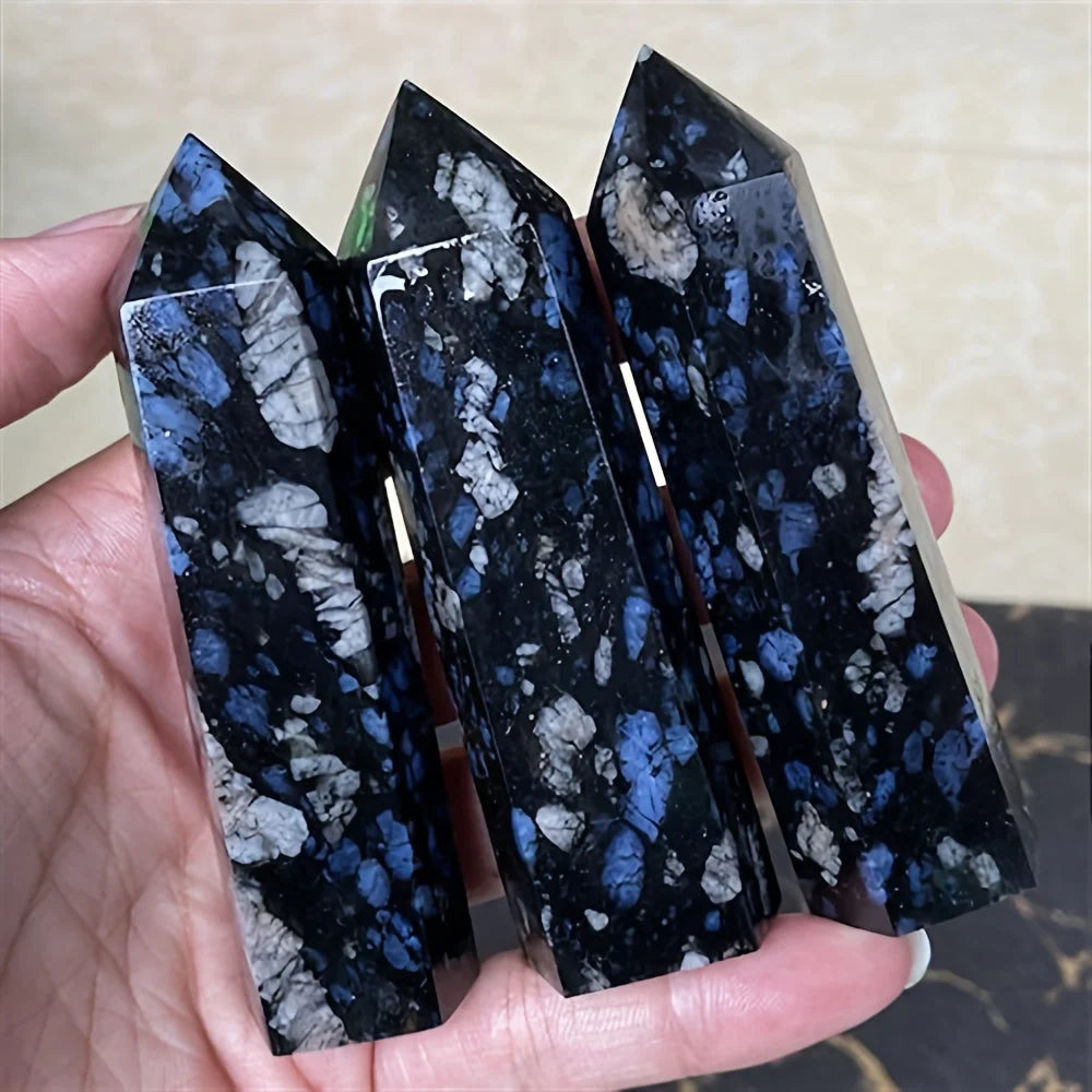 1pc Stunning Blue Larvikite Crystal Tower - Flashy, Polished Gemstone Obelisk with Intricate Patterns