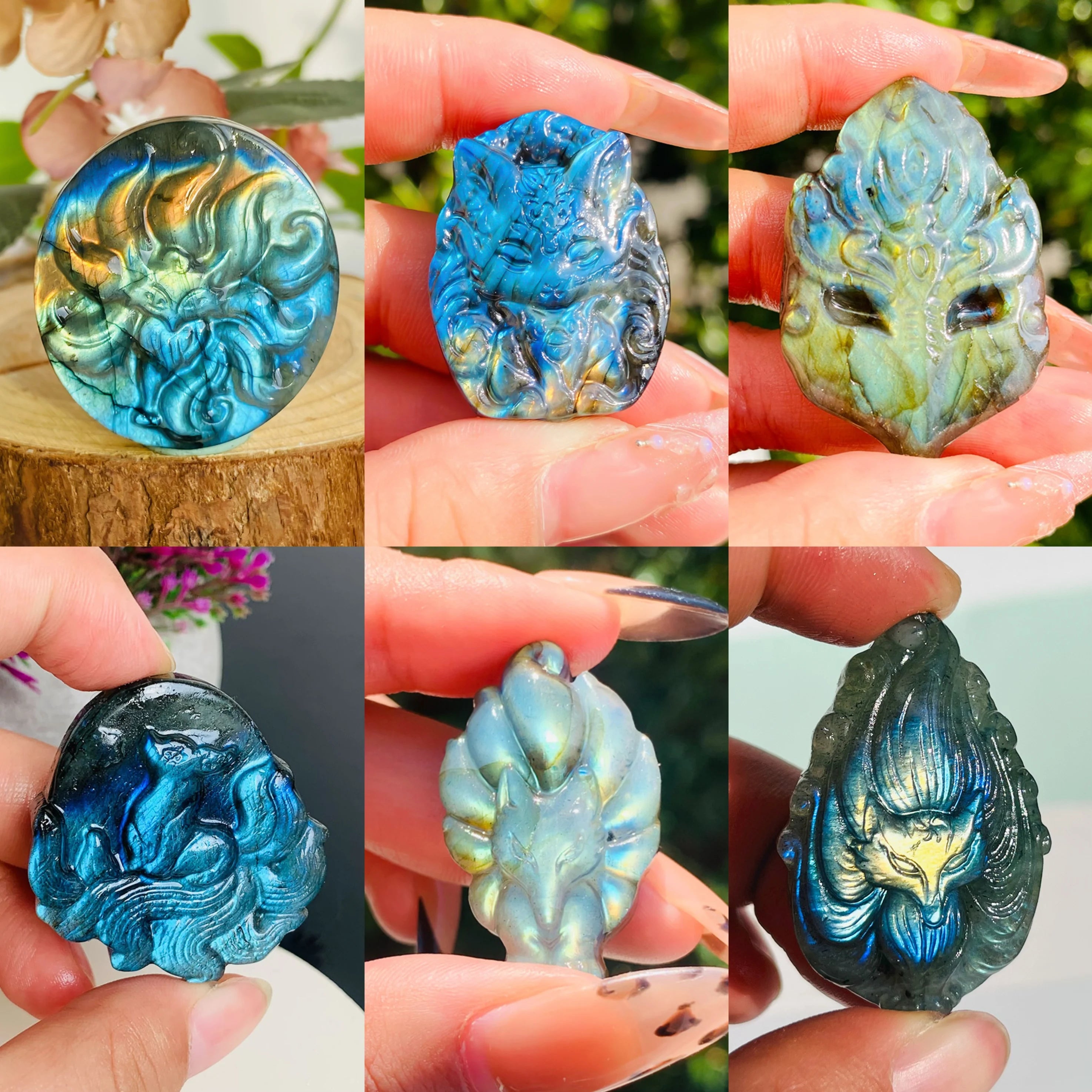 1pc 6 Type Bohemian Style Flashy Labradorite Fox Carving - Sparkling Pocket Stone, Perfect Gift for Friends, Smart Animals' Scul