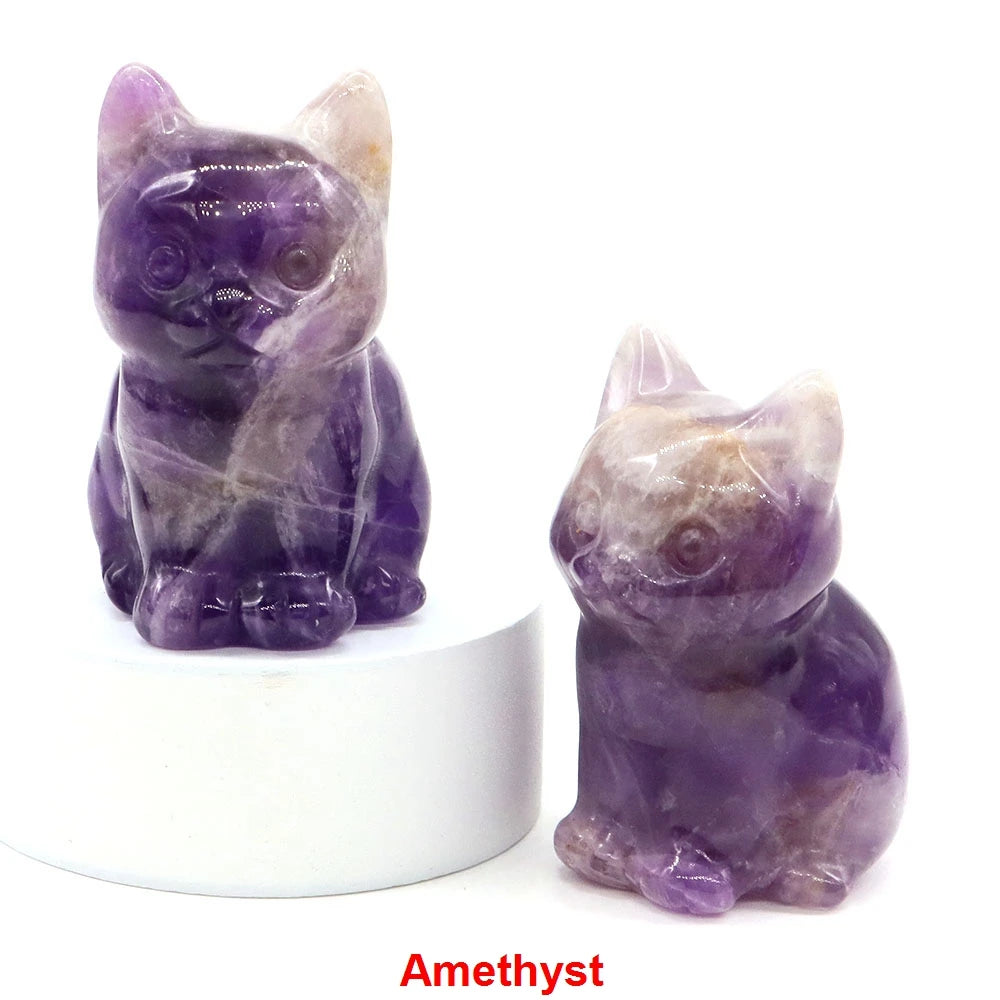 1.8" Natural Stone Cat Statue Hand Carved Animal Figurine Healing Crystal Amethyst Crafts Chakra Meditation Home Decoration Gift
