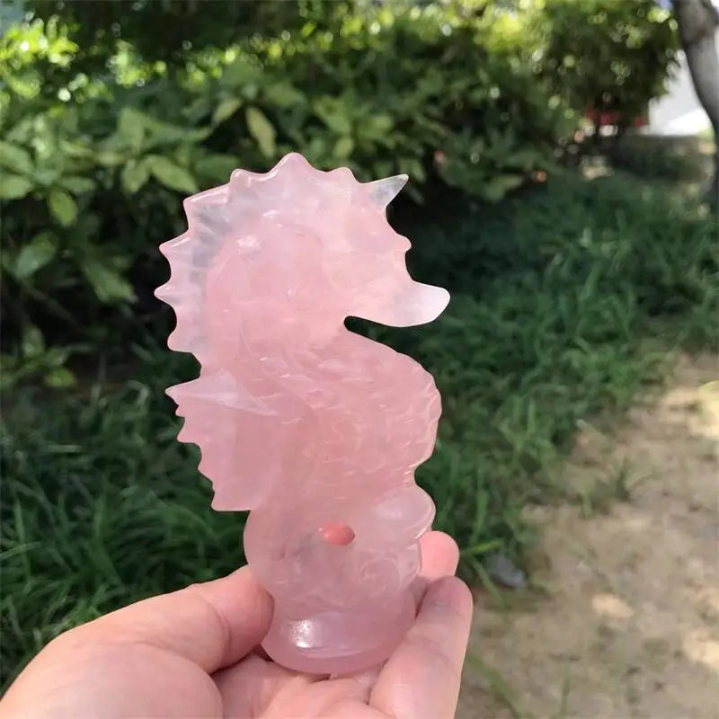 11cm Natural Rose Quartz Seahorse Carving Healing Fengshui Animal Powerful Statue For Home Decoration Halloween Gift 1pcs