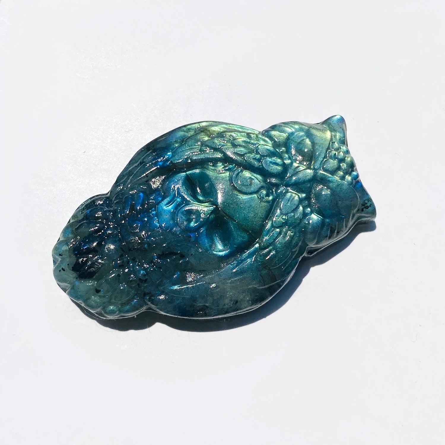 1pc Natural Crystal Labradorite Owl Skull Carving - Polished & Handcrafted, Blue & Golden Iridescent Finish, Unique Home Desktop