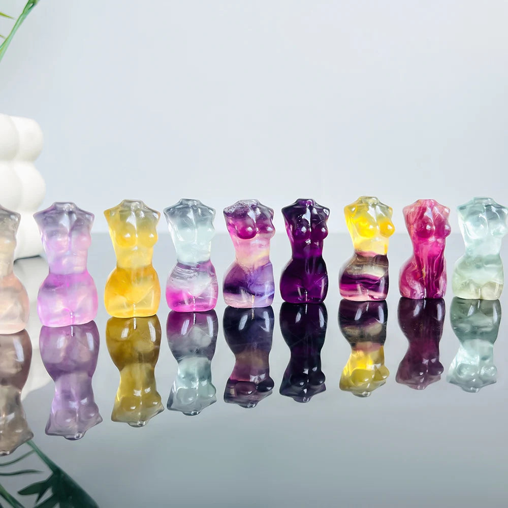 1PC Assorted Color Natural Crystal Female Model Figurine, Rainbow Fluorite Gemstone Carving for Home Decor & Gift