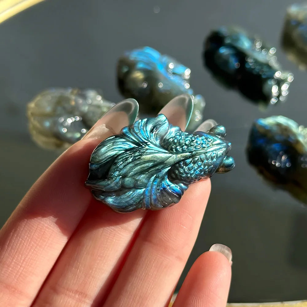 1pc Natural Labradorite & Moonstone Goldfish Carved, Featuring Natural Gemstone Shimmer, Perfect As Home Decor,
