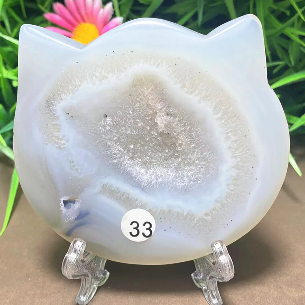 Natural Agate Crystal Cat Face Heart — Carved Quartz Chakra Home Decor Gift