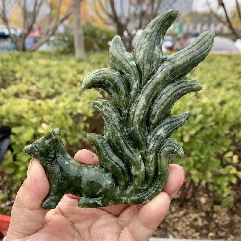 Natural Green Jade Nine-tailed Fox Carving Polished Powerful Animal Statue For Home Decoration Gift 1pcs
