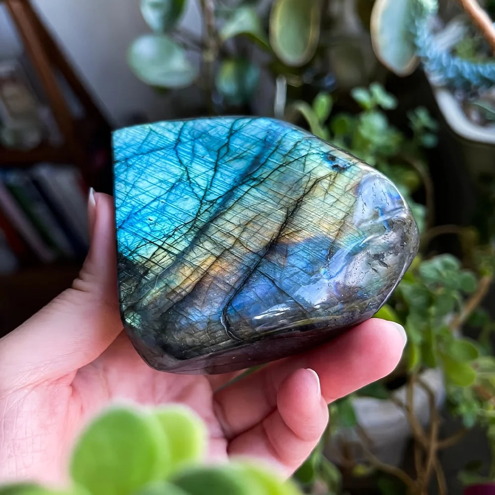 One Bohemian-style rainbow labradorite crystal sculpture - a free-form, three-dimensional gemstone with iridescent emerald hues