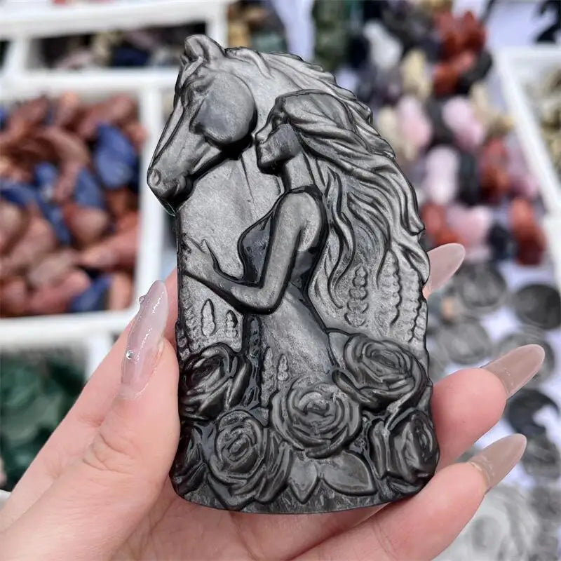 Natural Silver Obsidian Horse And Beautiful Woman Statue Carving Healing Fengshui Stone Reiki Home Decoration Holiday Gift 1PCS