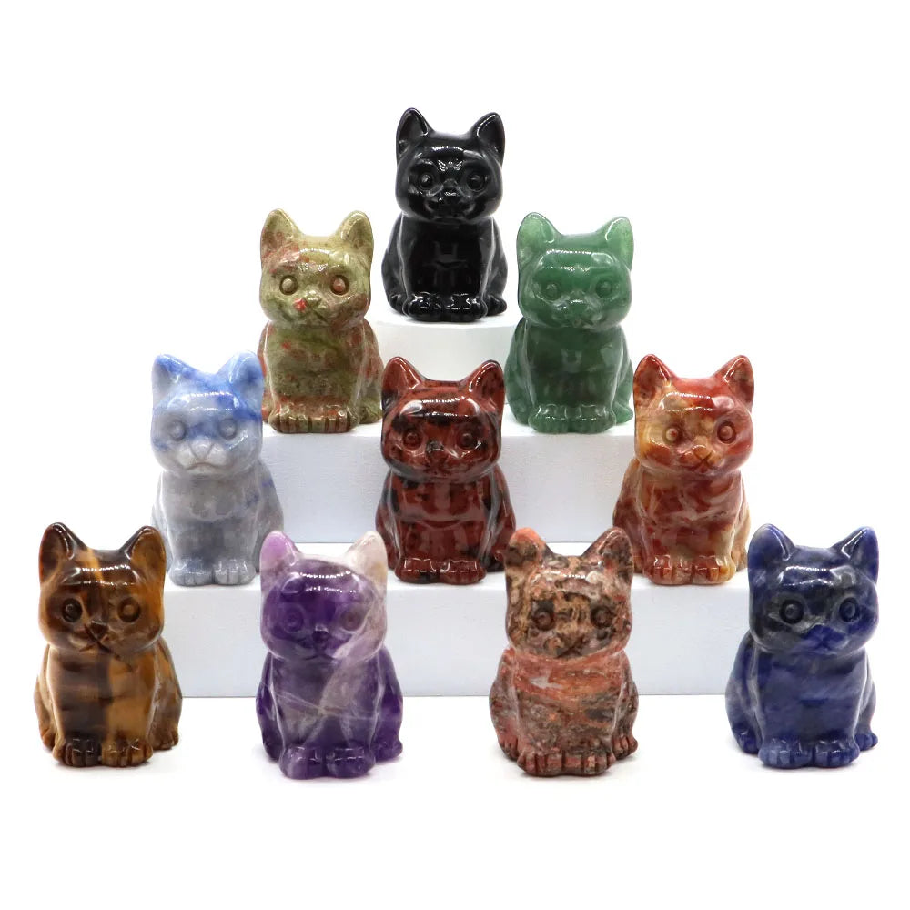 1.8" Natural Stone Cat Statue Hand Carved Animal Figurine Healing Crystal Amethyst Crafts Chakra Meditation Home Decoration Gift