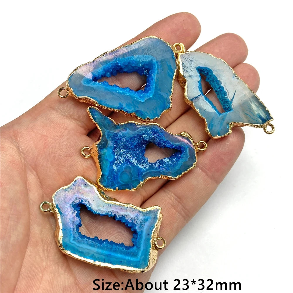 2Pcs/Lot Irregular Natural Druzy Pendants Fashion Slice Agates Pendant Double Holes Connector Charms for Jewelry Making DIY