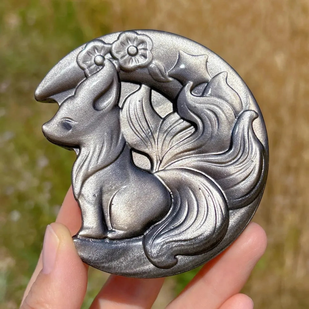 A nine-tailed fox carving - a small natural stone sculpture, Valentine's Day gift for her, moon fox crystal gift.
