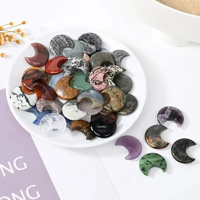 5/10pcs 25x30mm Natural Stone Crystal No Hole Moon Carving Home Decor DIY Jewelry Accessory Making Material
