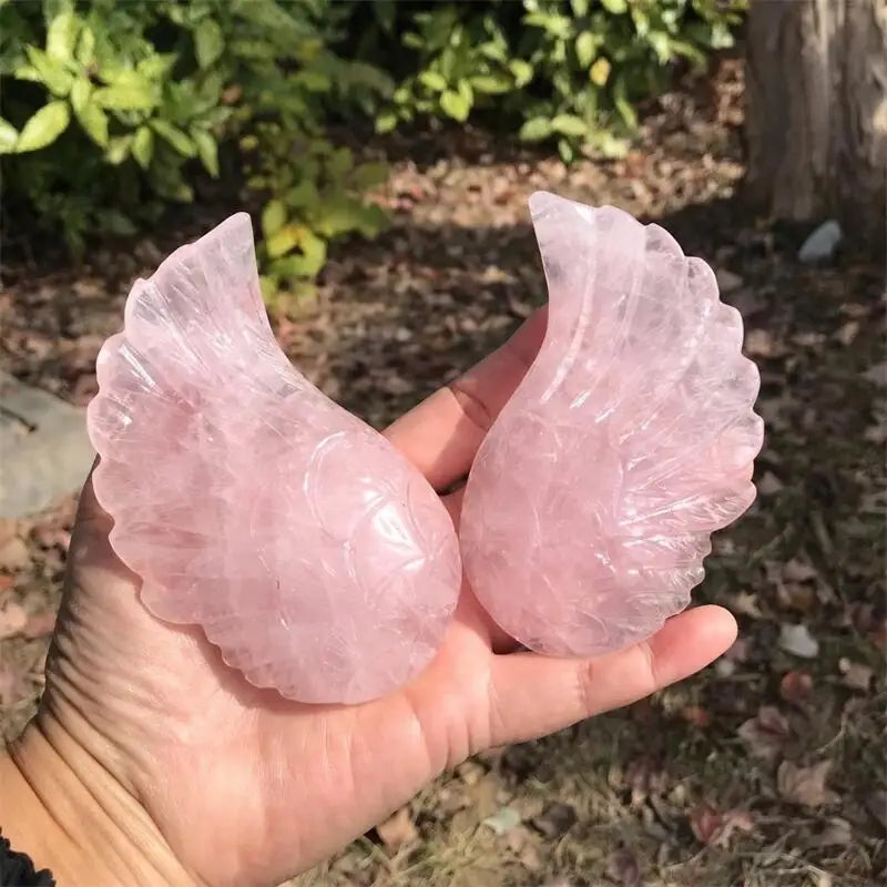 Natural Rose Quarz Angel Wing Carving Polished Quartz Healing Stones Gemstones For Home DIY Decoration A SET