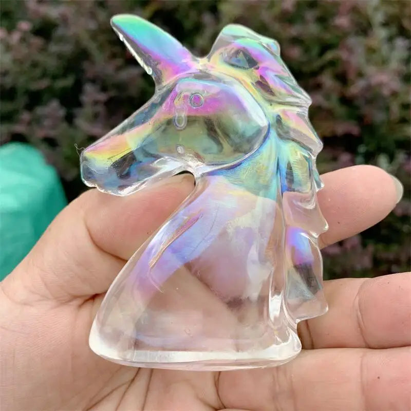 7CM Natural Aura Quartz Unicorn Carving Statue Reiki Figurine Gemstone Animals Chakra Healing Product Gift 1pcs