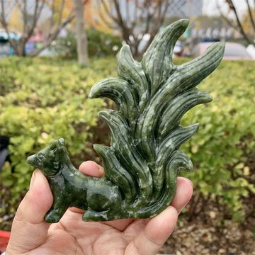 Natural Green Jade Nine-tailed Fox Carving Polished Powerful Animal Statue For Home Decoration Gift 1pcs
