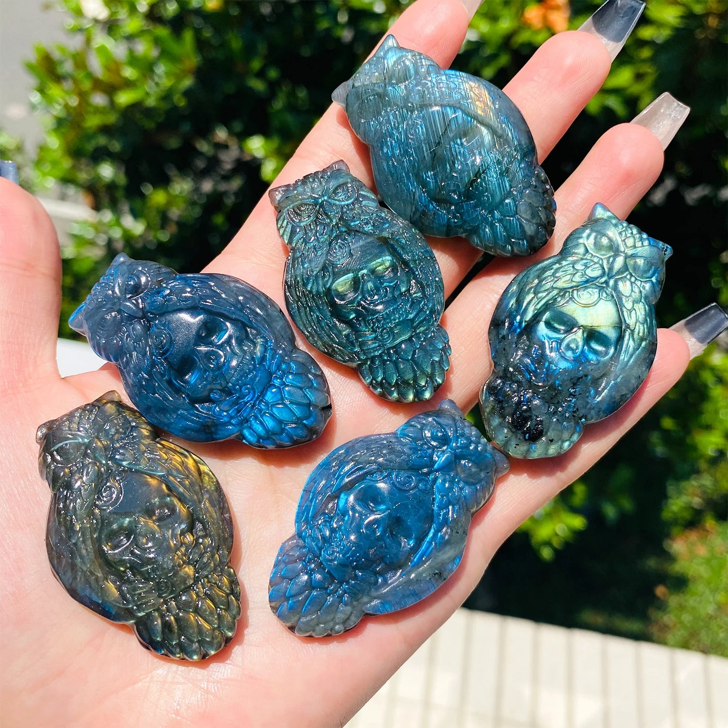 1pc Natural Crystal Labradorite Owl Skull Carving - Polished & Handcrafted, Blue & Golden Iridescent Finish, Unique Home Desktop