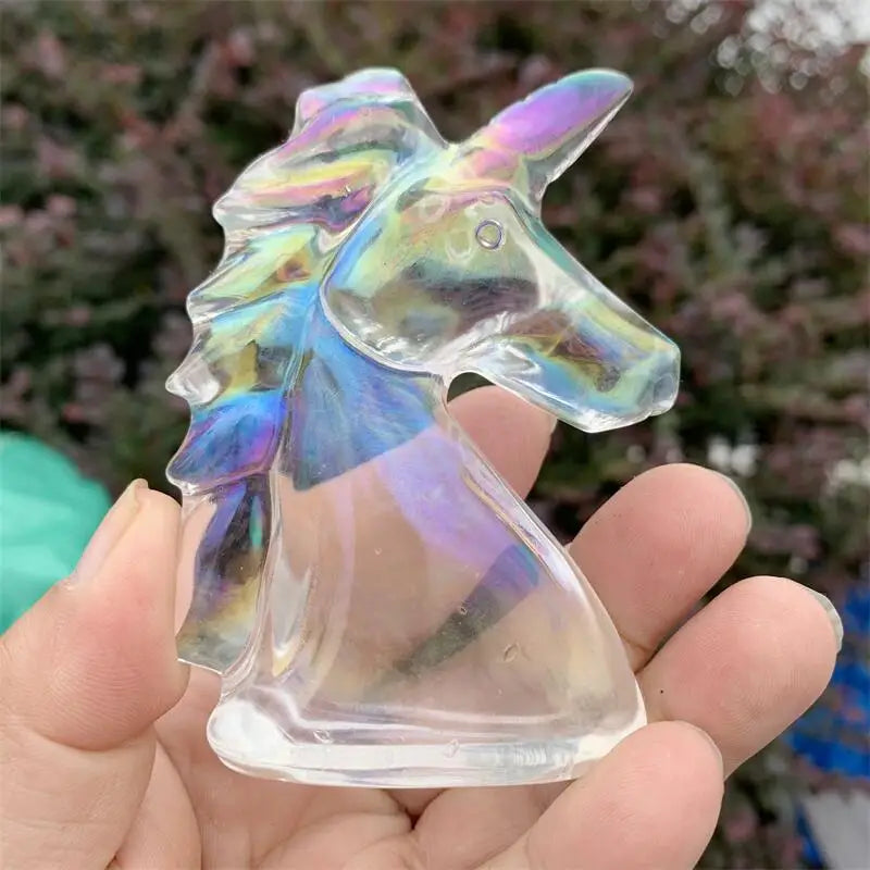 7CM Natural Aura Quartz Unicorn Carving Statue Reiki Figurine Gemstone Animals Chakra Healing Product Gift 1pcs