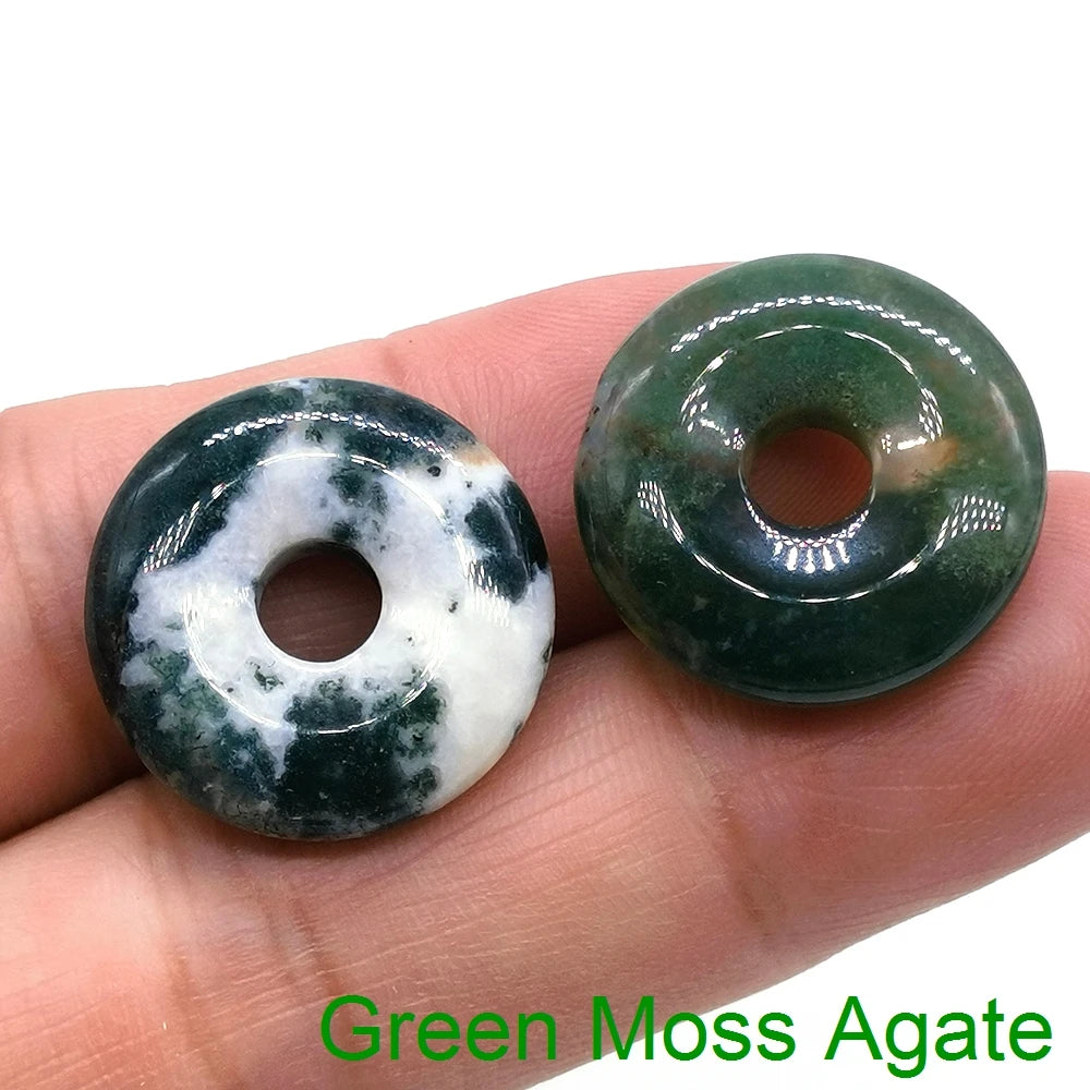 20mm Natural Round Big Hole Hollow Stone Crystal Quartz Aventurine Agate Jade Donut Charm Carved for Pendants Diy Making Gift