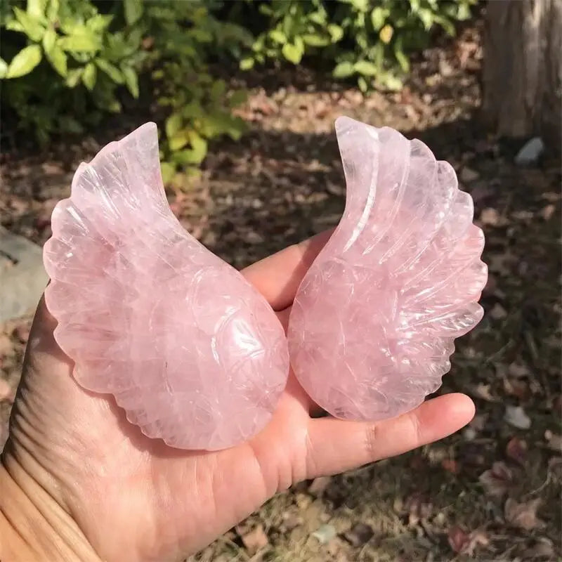 Natural Rose Quarz Angel Wing Carving Polished Quartz Healing Stones Gemstones For Home DIY Decoration A SET