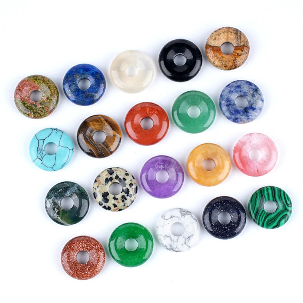 20mm Natural Round Big Hole Hollow Stone Crystal Quartz Aventurine Agate Jade Donut Charm Carved for Pendants Diy Making Gift
