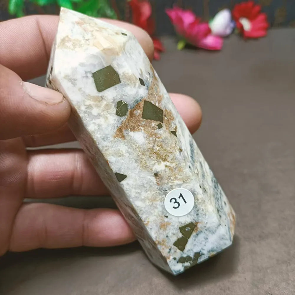Natural Chalcopyrite Crystal Wand — Golden Peacock Ore Healing Point, Chakra Home Decor