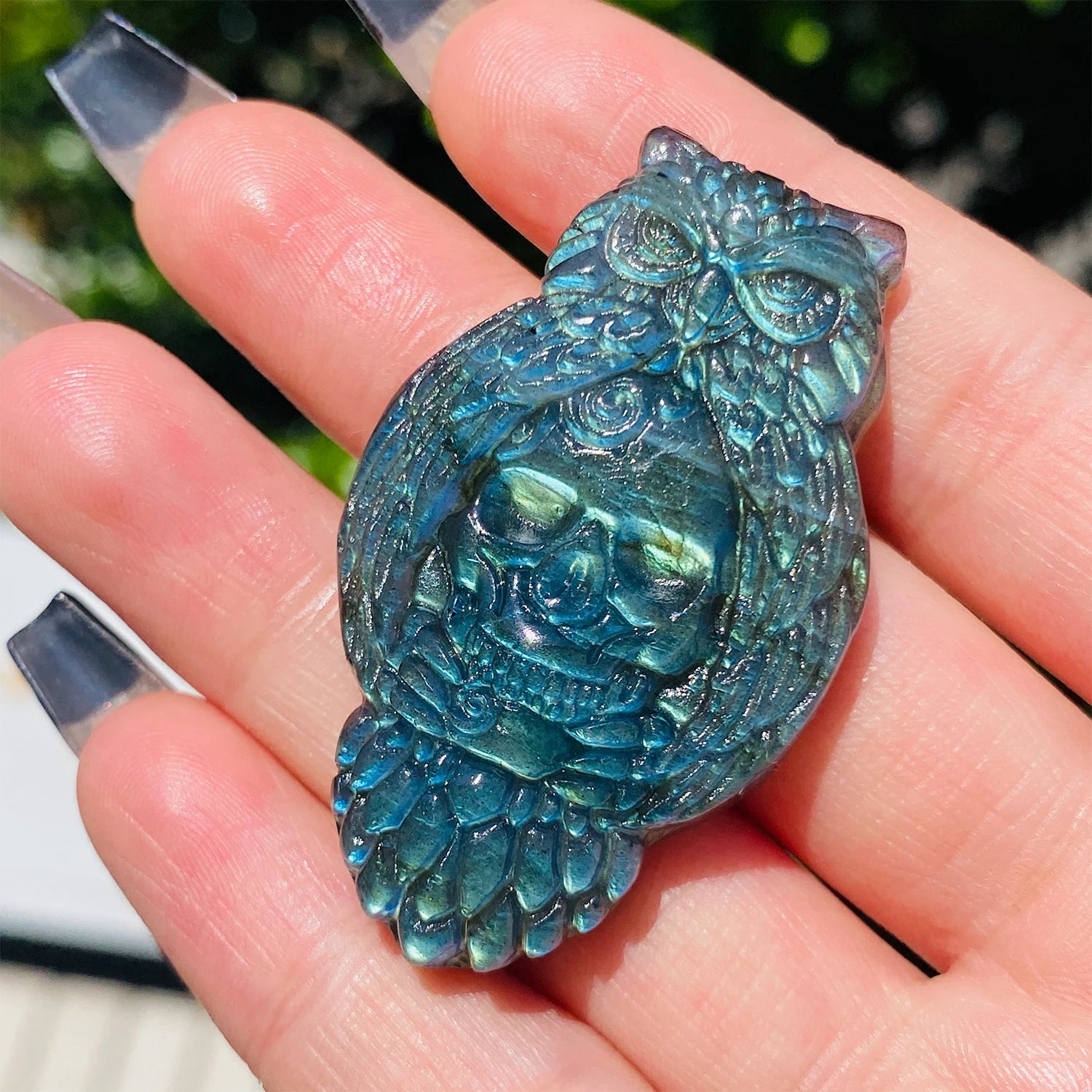 1pc Natural Crystal Labradorite Owl Skull Carving - Polished & Handcrafted, Blue & Golden Iridescent Finish, Unique Home Desktop