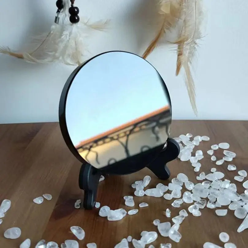 High Quality Natural Black Obsidian Scrying Mirror Healing Crystals Stone Round Plate Witchcraft Mirror Home Decor With Shelf