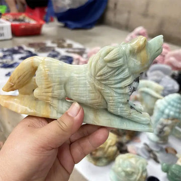 Natural Amazonite Wolf Carving Polished Quartz Animal Healing Stones Gems For Home Decorations Gift 1PCS