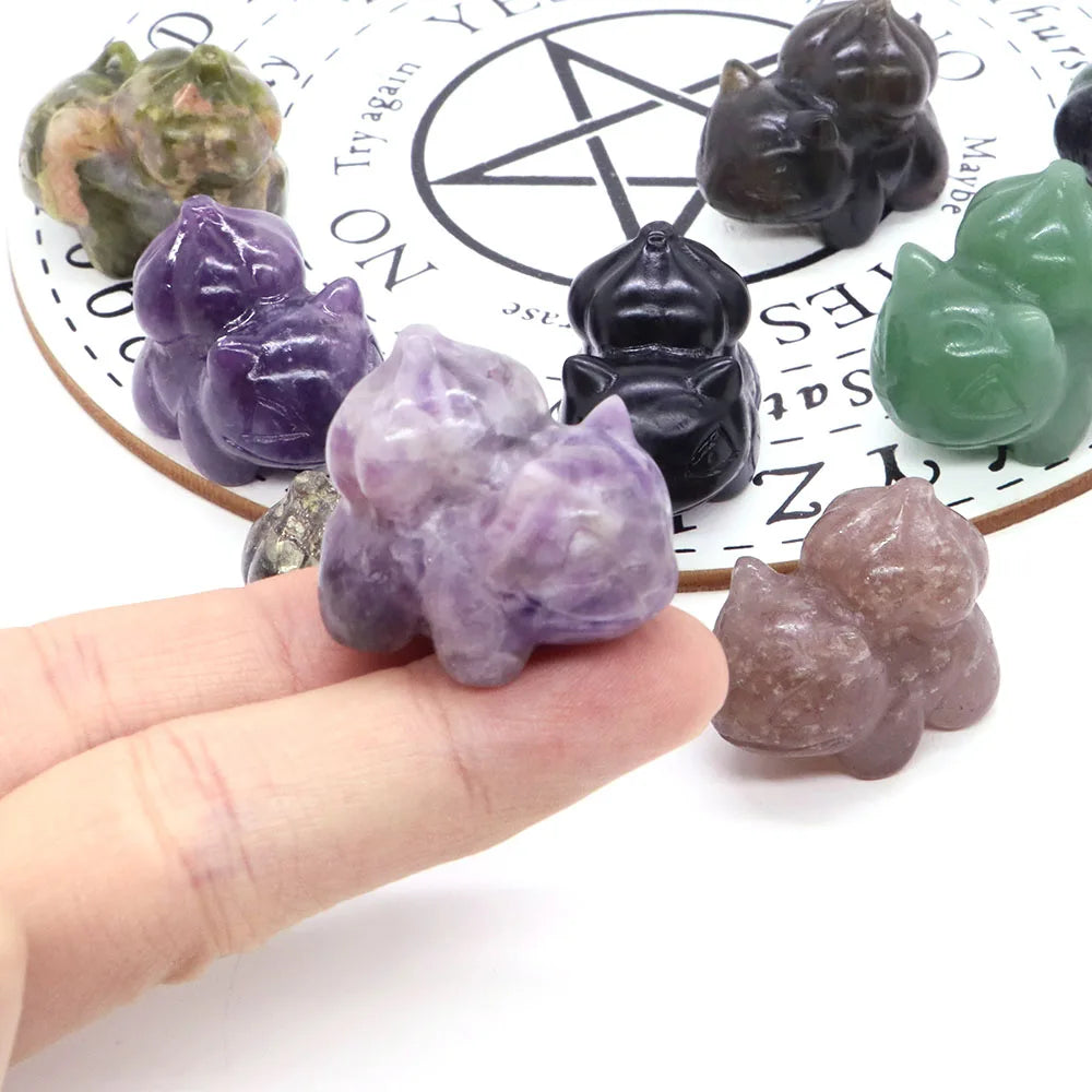 1.2" Natural Crystal Stone Squirtle Bikachu Statue Fantast Baby Cartoon Gemstone Carved Healing Home Room Decor Holiday Gift