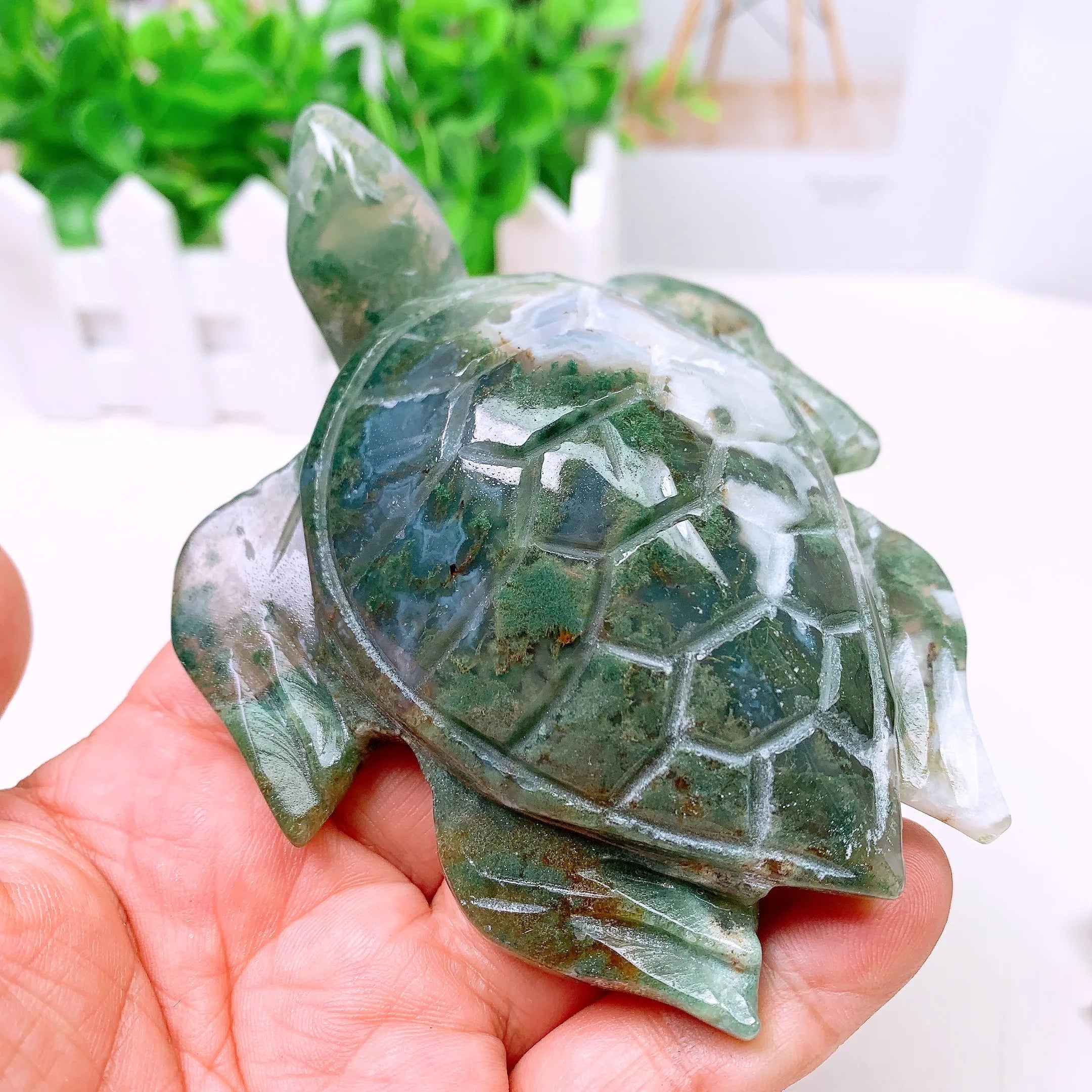 Natural Moss Agate Handmade Carved Sea turtle Polished Animal Powerful Statue For Home Decoration Gift 1PCS