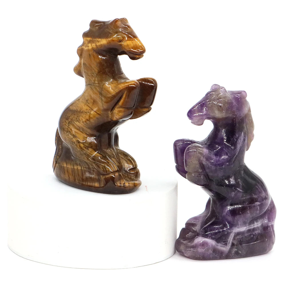 49mm Horse Statue Natural Reiki Healing Stones Amethyst Rose Quartz Carved Crystal Feng Shui Figurine Halloween Home Decor Gifts
