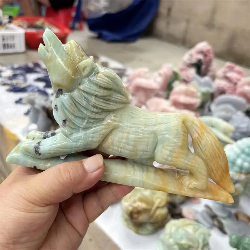 Natural Amazonite Wolf Carving Polished Quartz Animal Healing Stones Gems For Home Decorations Gift 1PCS