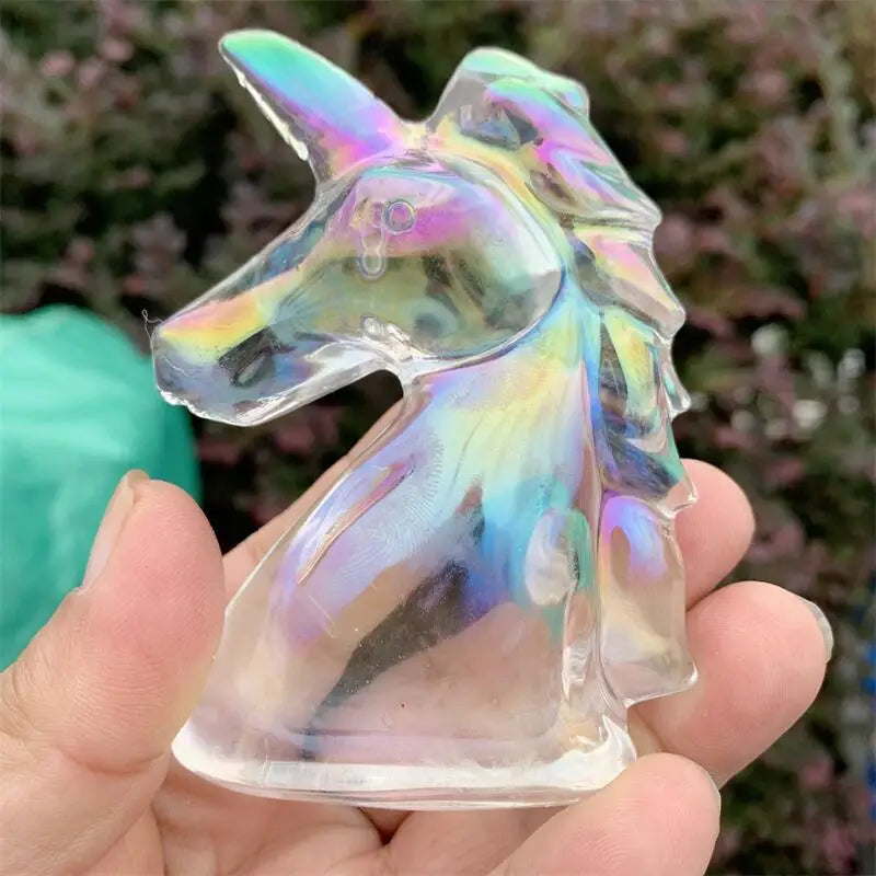 7CM Natural Aura Quartz Unicorn Carving Statue Reiki Figurine Gemstone Animals Chakra Healing Product Gift 1pcs