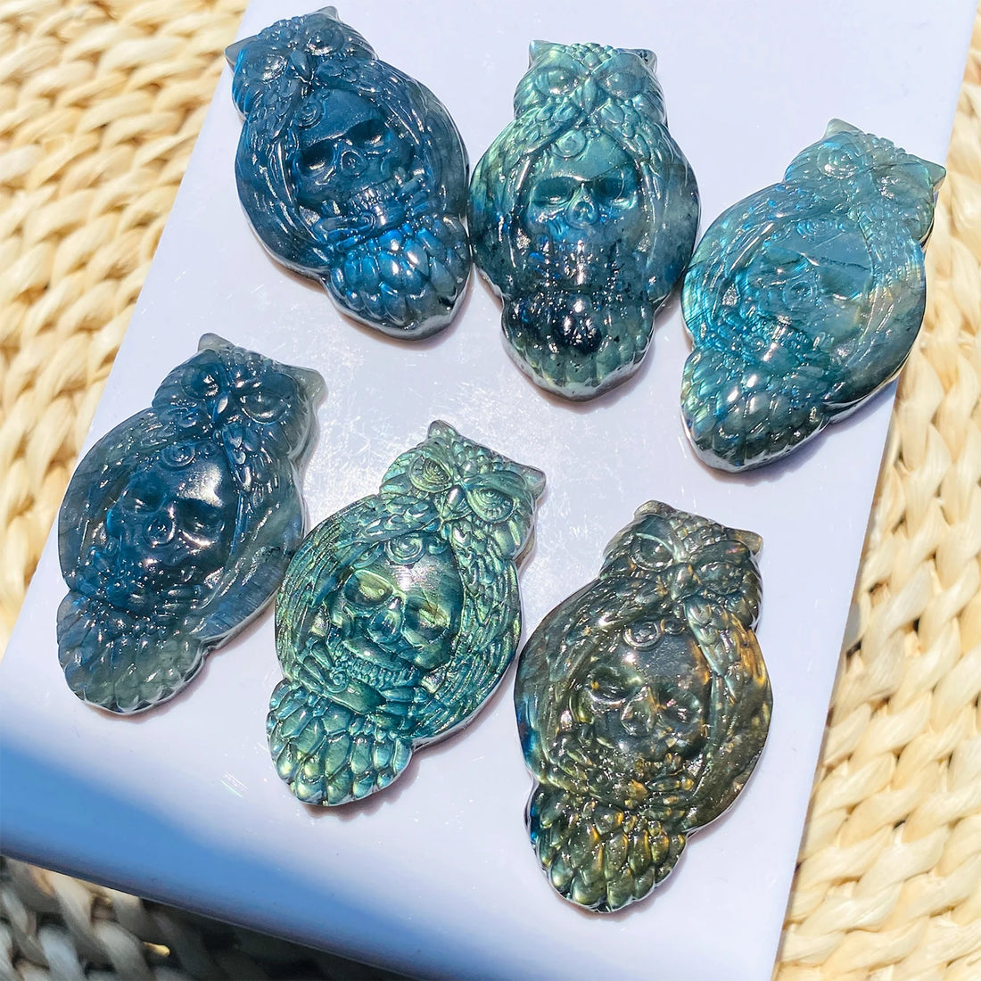 1pc Natural Crystal Labradorite Owl Skull Carving - Polished & Handcrafted, Blue & Golden Iridescent Finish, Unique Home Desktop