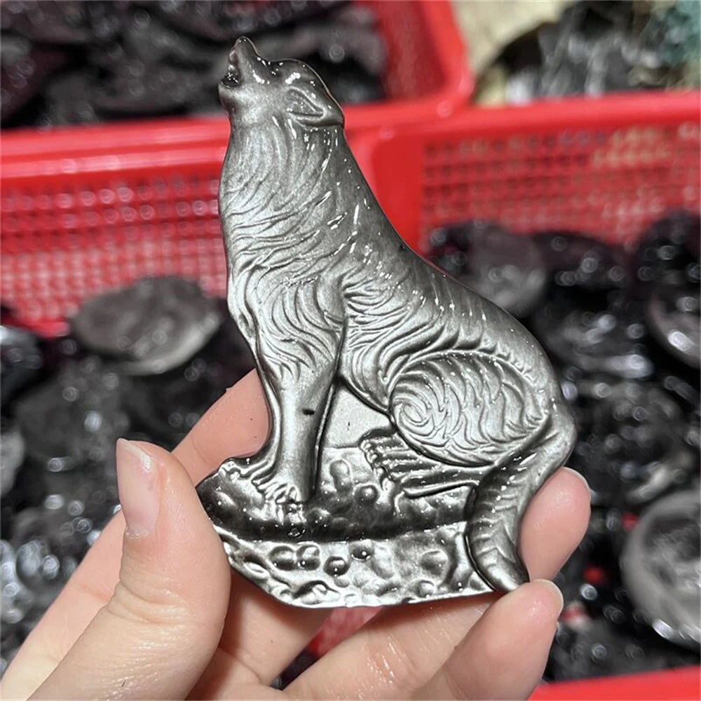 Natural silver obsidian wolf animal quartz Carving Statue Healing Fengshui Sculpture For Decoration Holiday Gift 1pcs